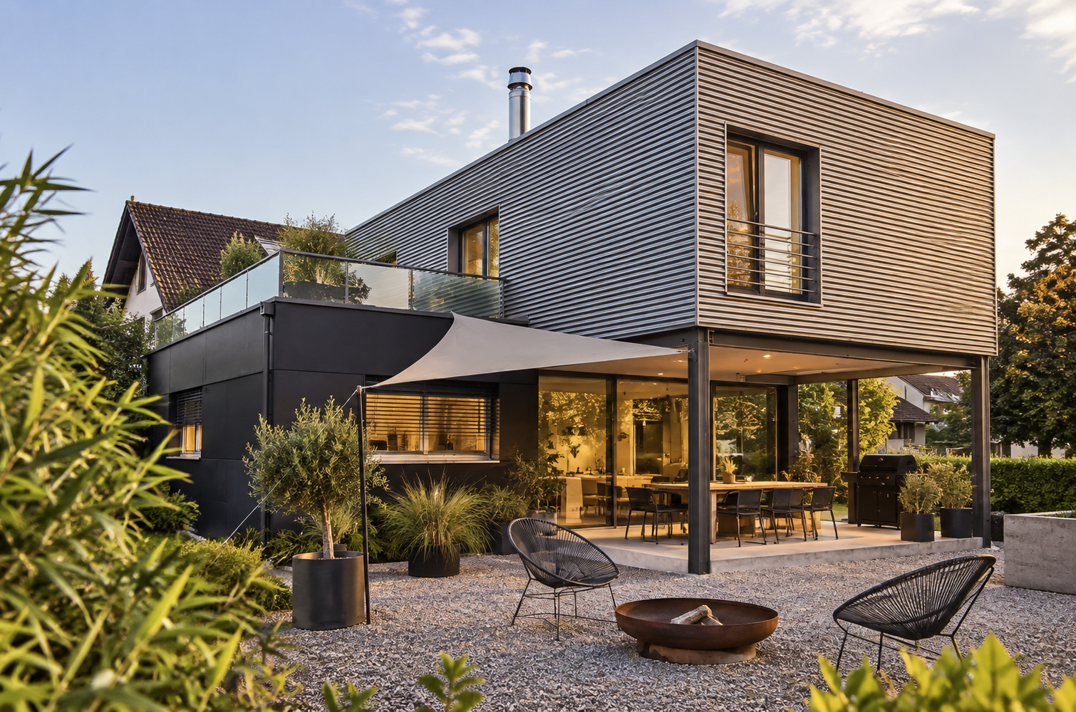 Modernes Einfamilienhaus in Schweizer Hügellandschaft bei Sonnenuntergang