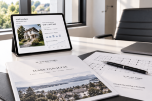 Tablet mit digitaler Immobilienbewertung auf einem Schreibtisch