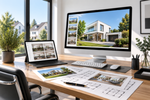 Helles modernes Wohnzimmer mit grosser Fensterfront
